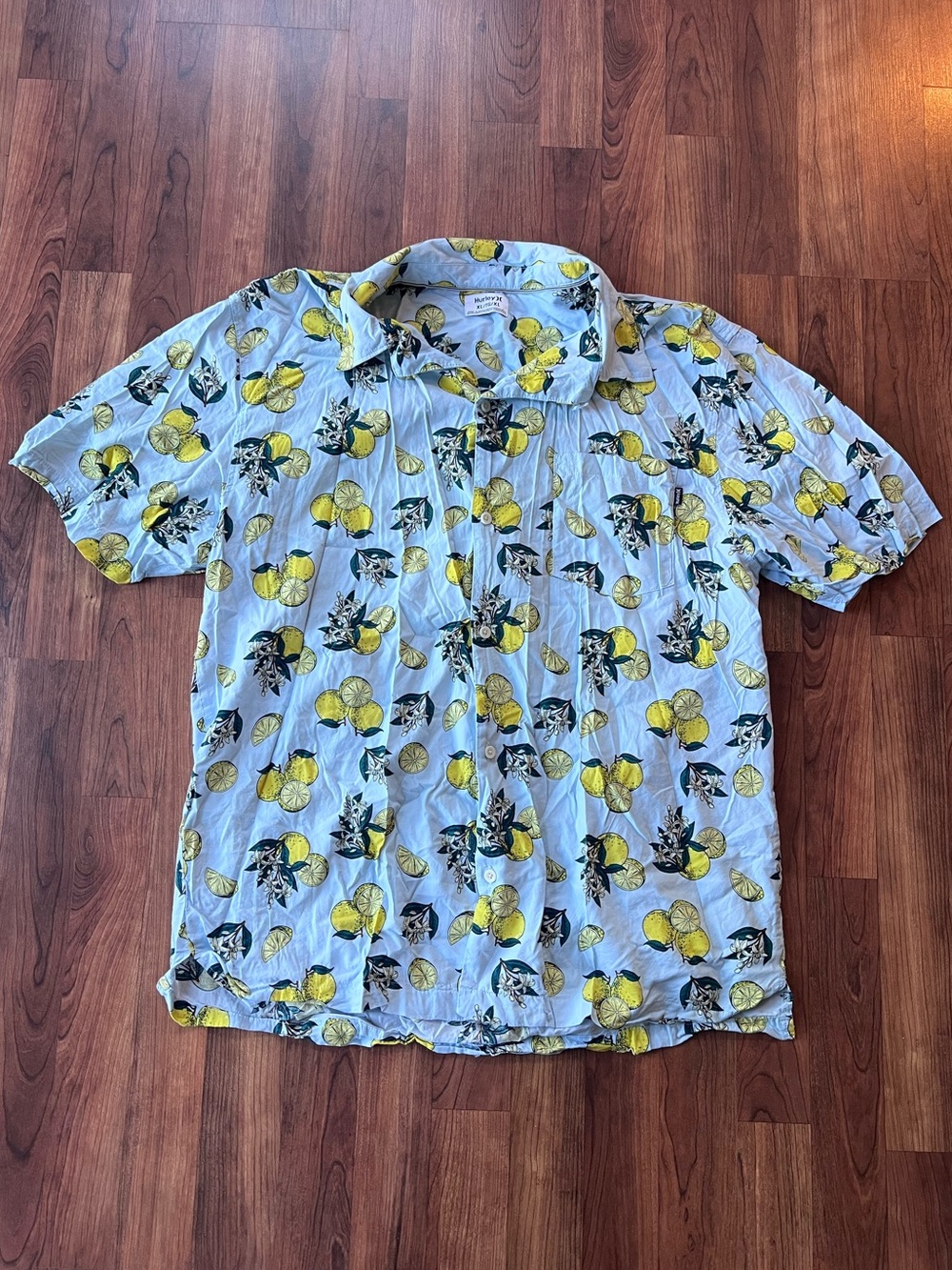 Hurley Lemon Print Button Up Shirt Men XL Blue Tropical Citrus Surf